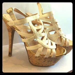 NWOT Gold & White Strappy Cork Stiletto Heels