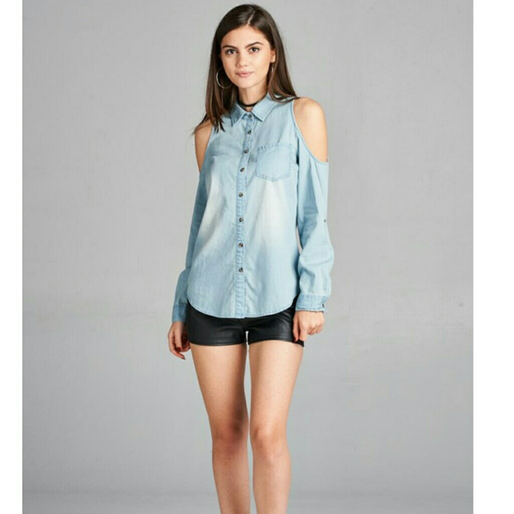 Open cold shoulder chambray denim shirt - Picture 2 of 7