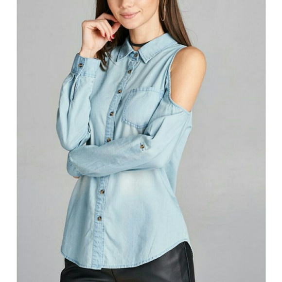 Open cold shoulder chambray denim shirt - Picture 3 of 7