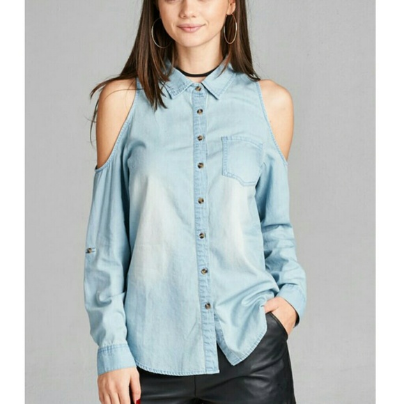 Open cold shoulder chambray denim shirt - Picture 4 of 7