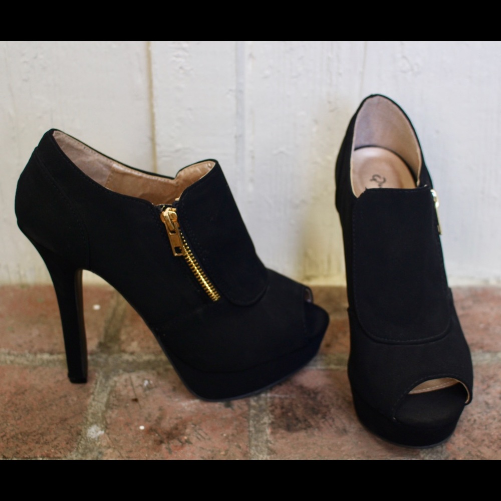Black Suede Heels with Gold Zipper
