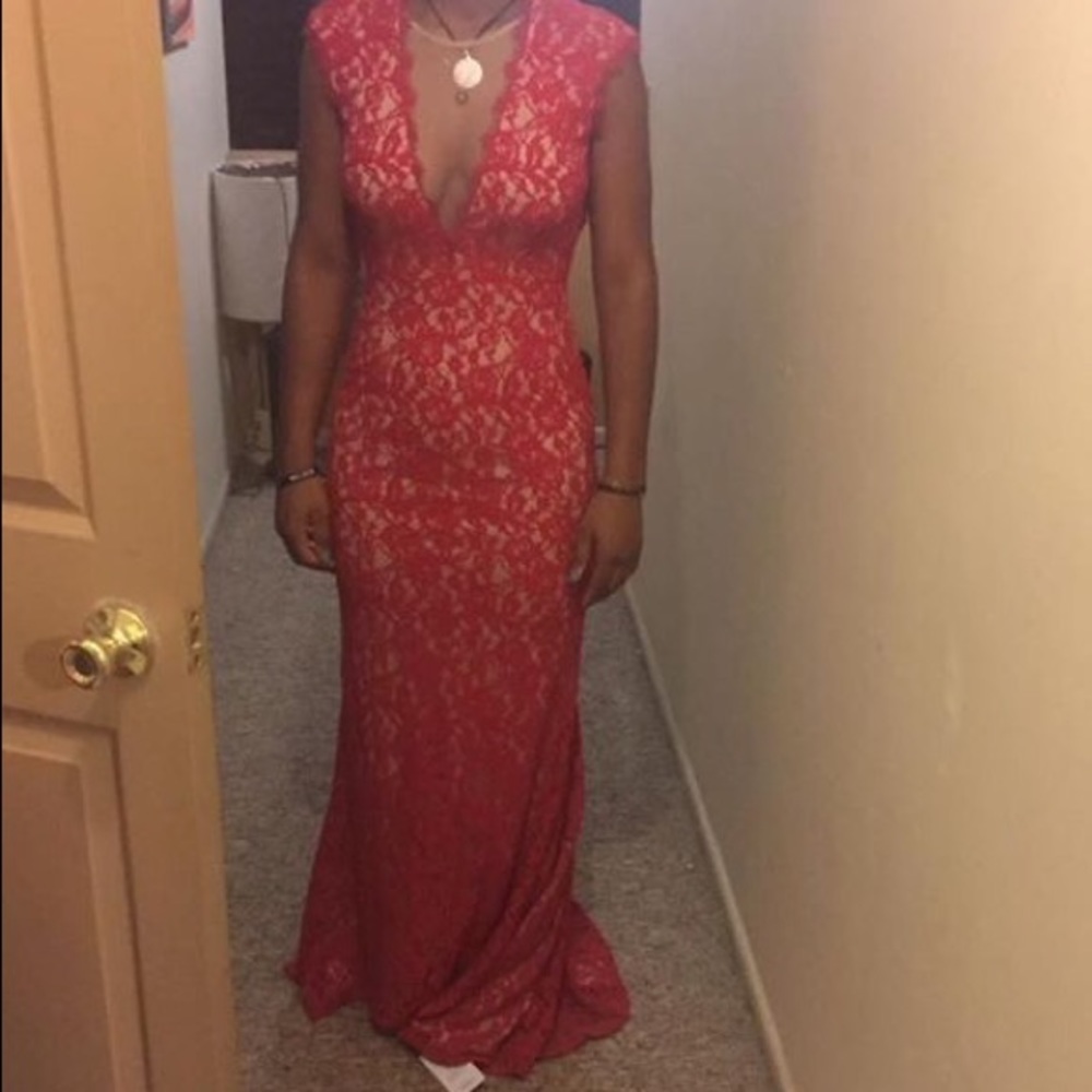 Red AidanAidan Mattox Tonal FloralLace Cutout Gown