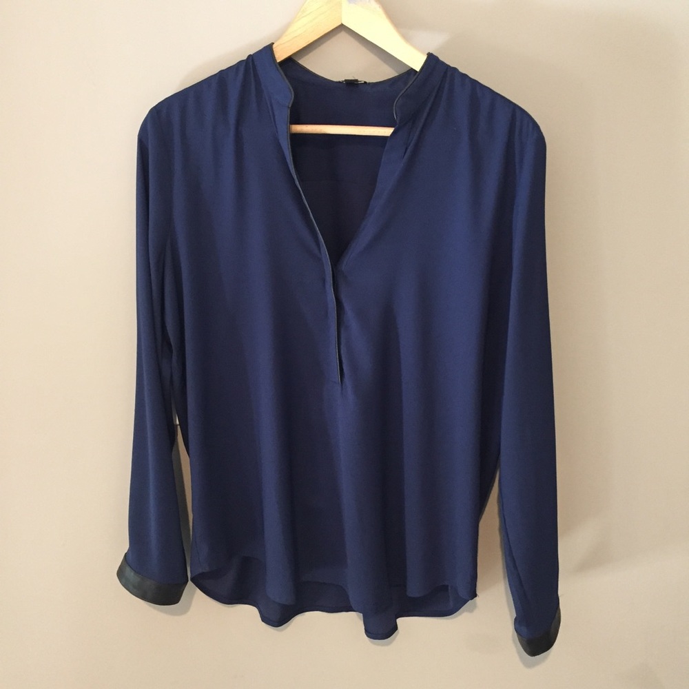 Navy blouse w/vegan leather trim