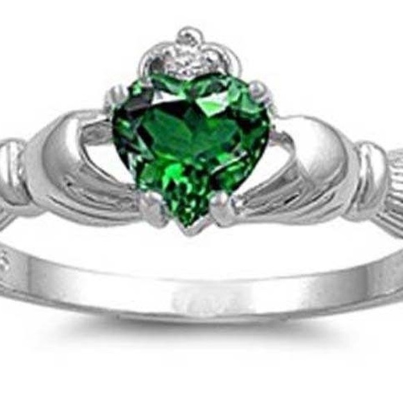 Irish Emerald Heart Claddagh Ring Sterling Silver - Picture 2 of 2