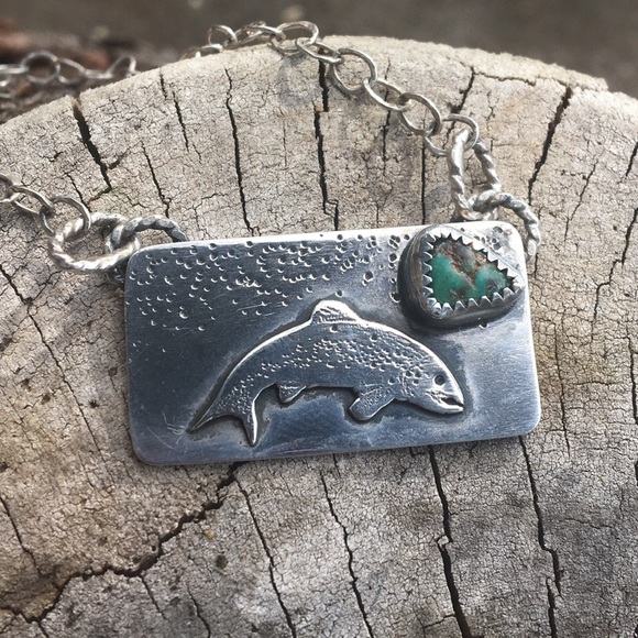 Artisan Jewelry - Adorable trout with turquoise stone necklace