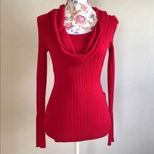 Red Ribbed Cowl Neck Sweater