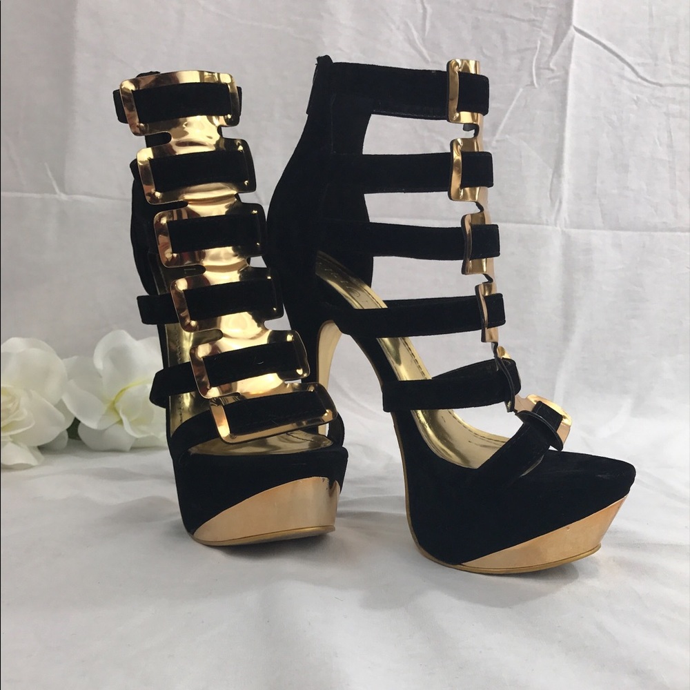 Caged Platform High Heels - Black & Gold