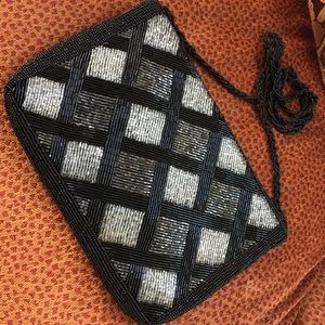 Vintage beaded black silver evening bag crossbody