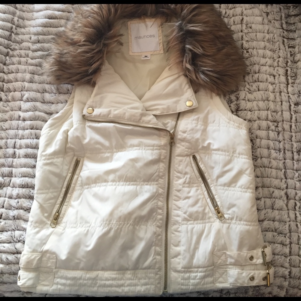 Ivory Gold Zipper Faux Fur Puffer Vest