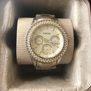 Fossil Watch in Gold with Stones Around Face