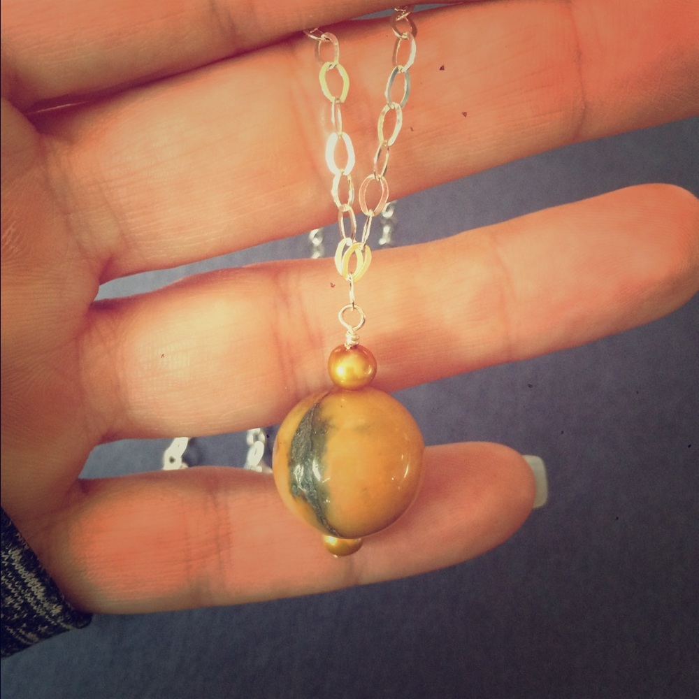 Jasper, pearl, and sterling silver necklace