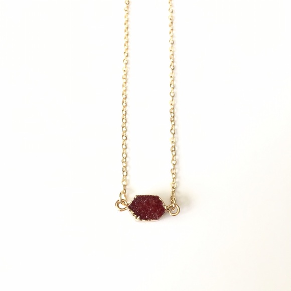 Gold Necklace with Wine Colored Druzy Stone - Picture 2 of 4