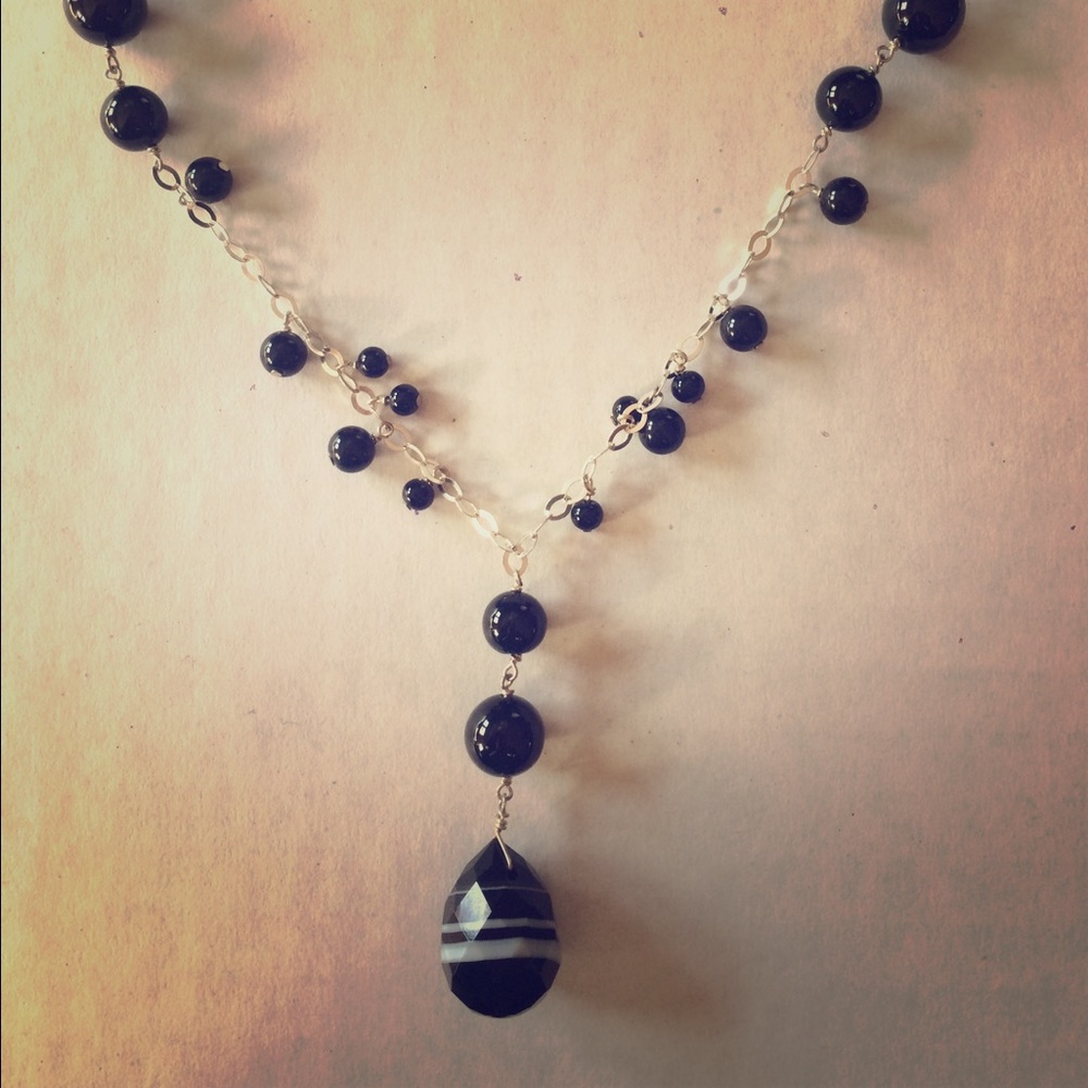 Black agate, black onyx, and sterling necklace