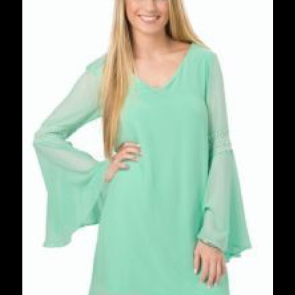 Turquoise embroidered bell sleeve dress