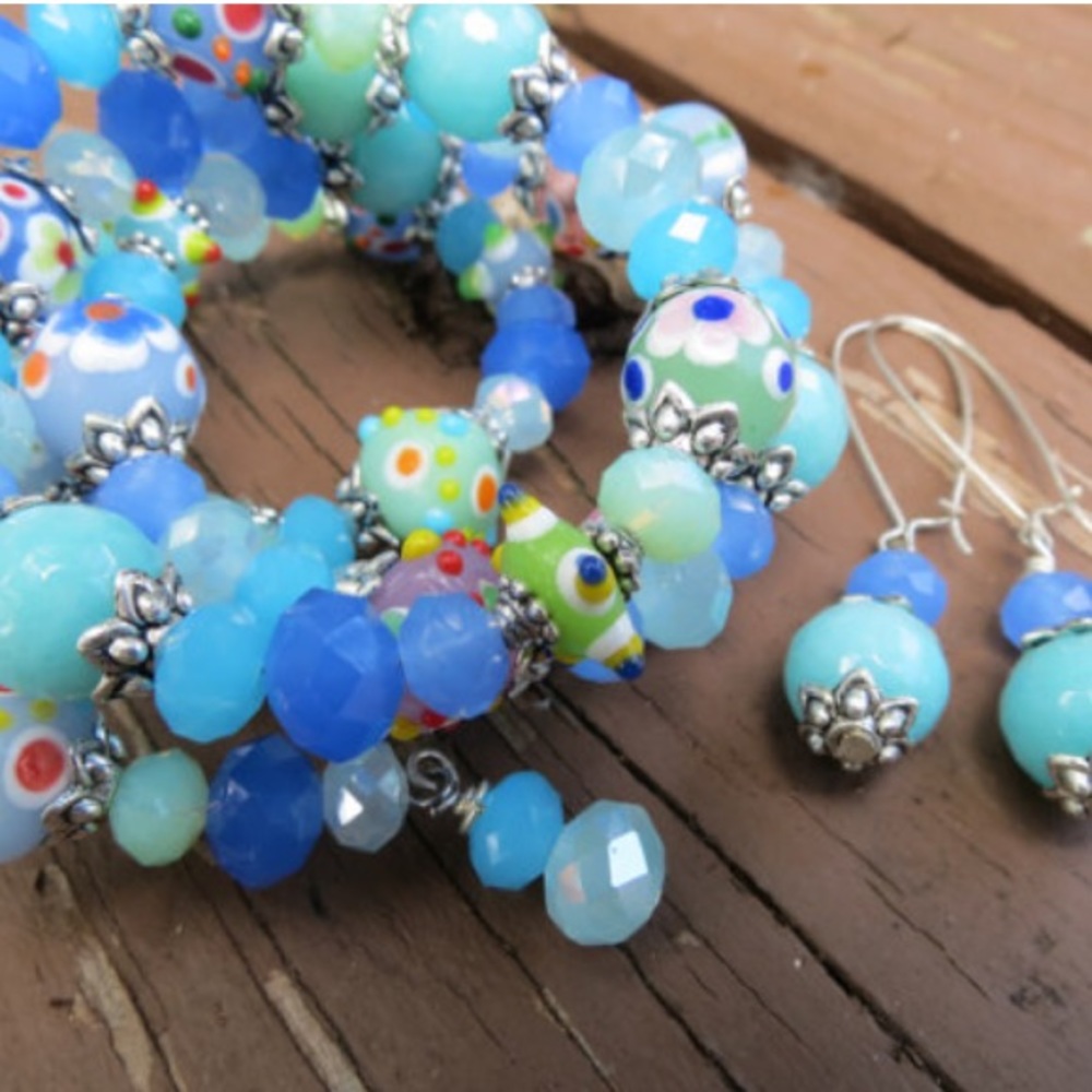 Large Blue Green Coil Bracelet Jade Glass Crystals