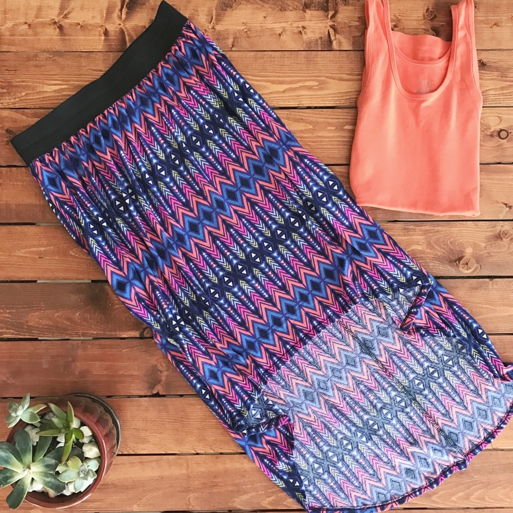 Boho Neon Aztec Print High Low Maxi Skirt