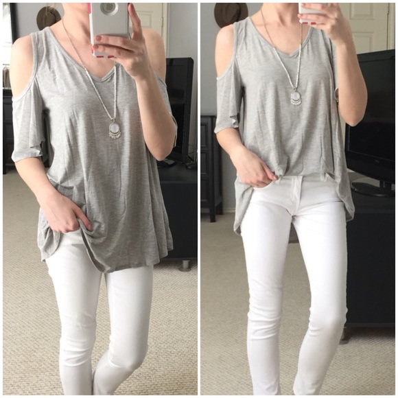 Tops - LAST ITEM▫Soft Grey Bamboo Cold Shoulder Basic Tee