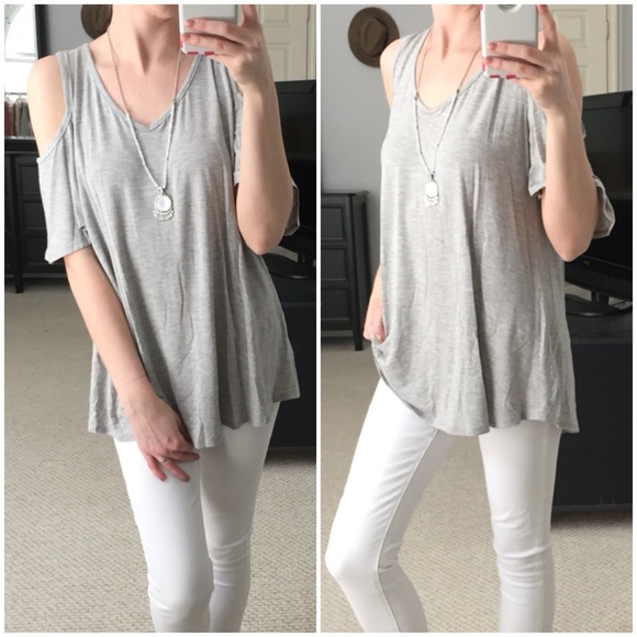 LAST ITEM▫Soft Grey Bamboo Cold Shoulder Basic Tee - Picture 2 of 4