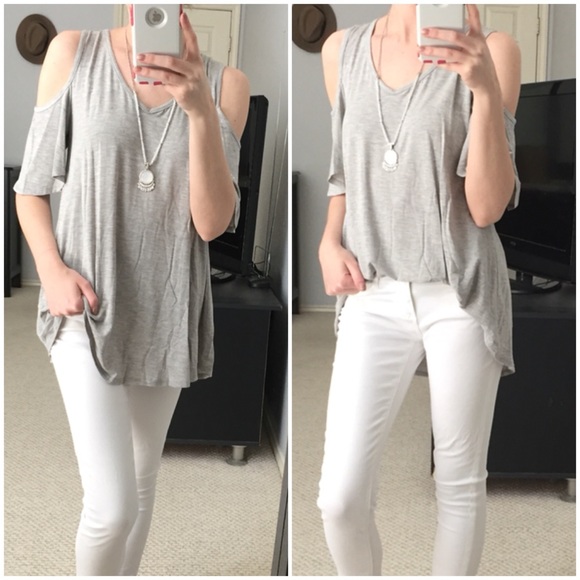 LAST ITEM▫Soft Grey Bamboo Cold Shoulder Basic Tee - Picture 3 of 4