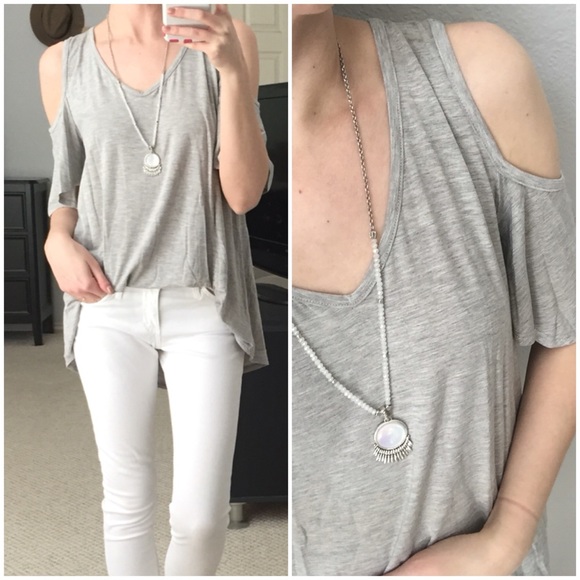 LAST ITEM▫Soft Grey Bamboo Cold Shoulder Basic Tee - Picture 4 of 4