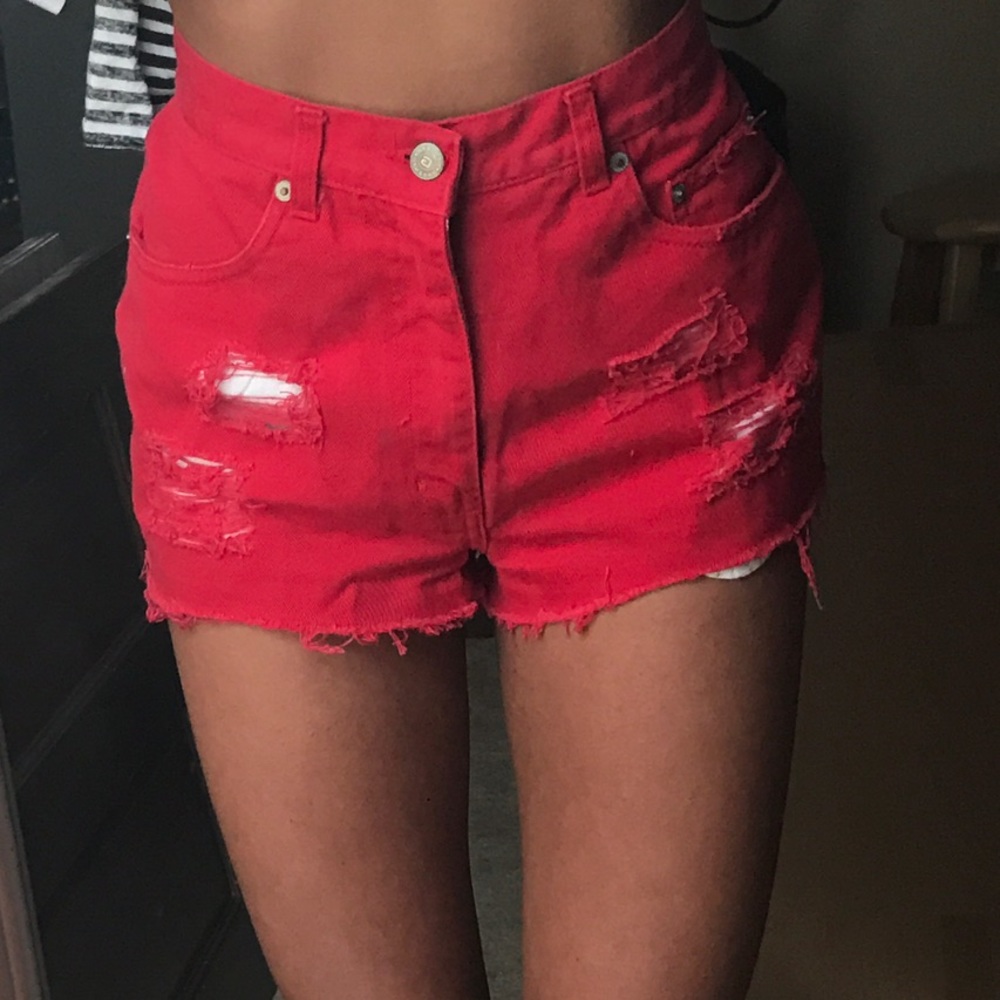 High waisted red denim shorts