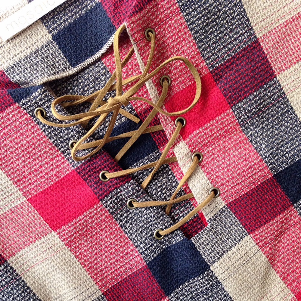 5⭐️Red/Taupe/navy Plaid boxy Dress w Suede pocket - Picture 4 of 6