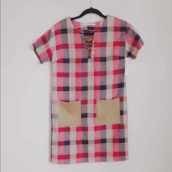 5⭐️Red/Taupe/navy Plaid boxy Dress w Suede pocket - Picture 2 of 6