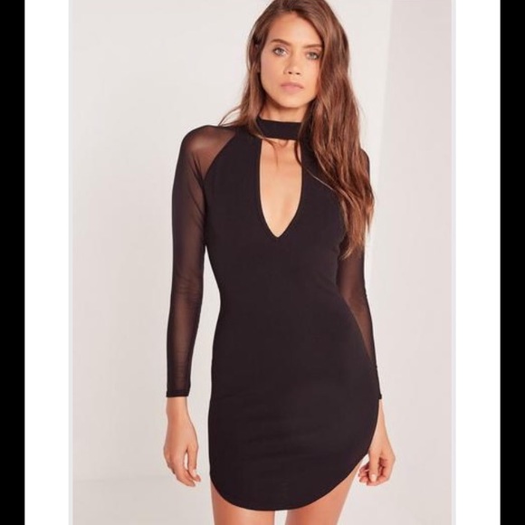 Choker Neck Mesh Sleeve Bodycon Dress in Black - Picture 1 of 6