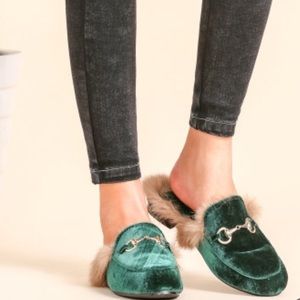 Emerald Velvet Fur lined Loafers