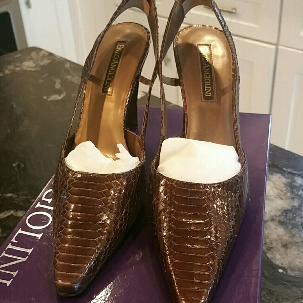 Enzo Angelina Dark Brown Snake Slingback Heels