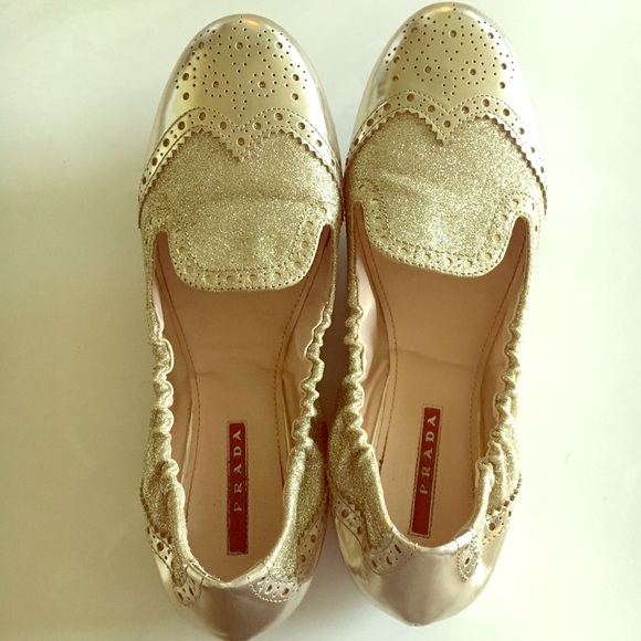 Prada Shoes - Prada Gold Glitter Loafers