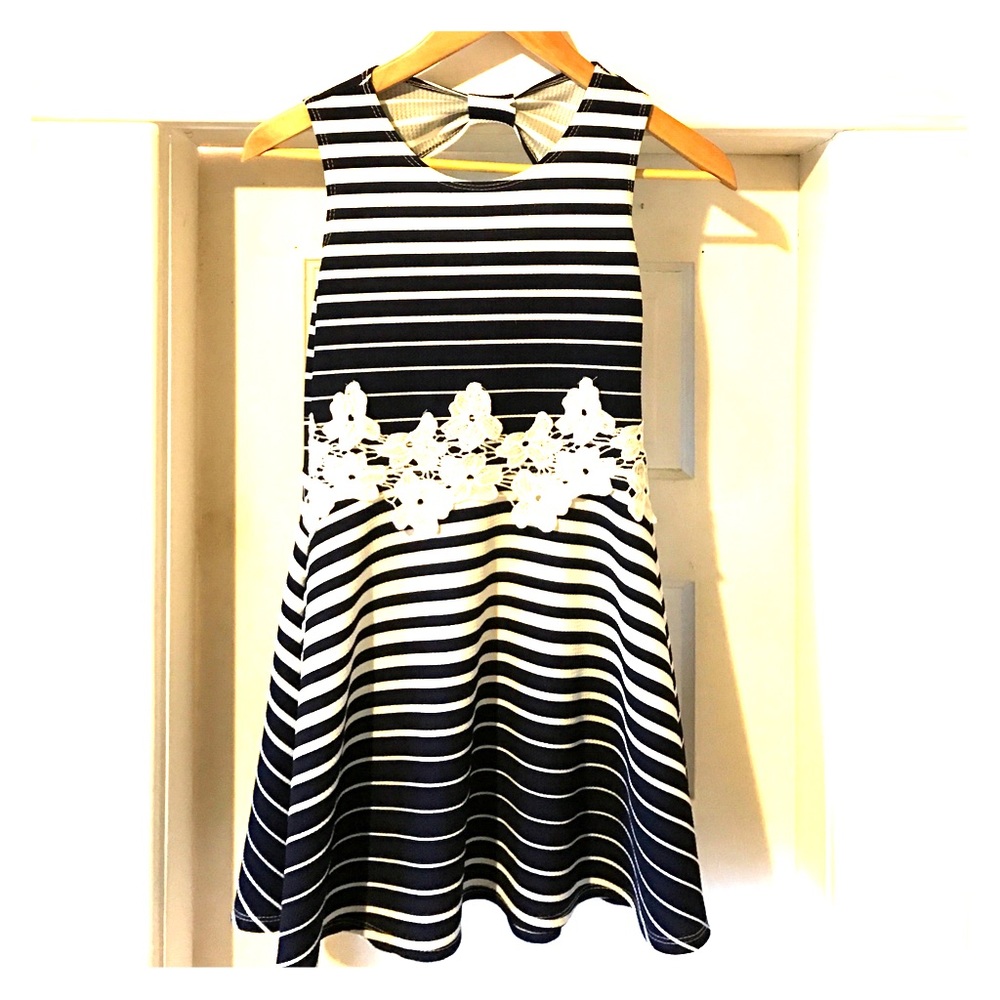 Girls navy and white striped dress