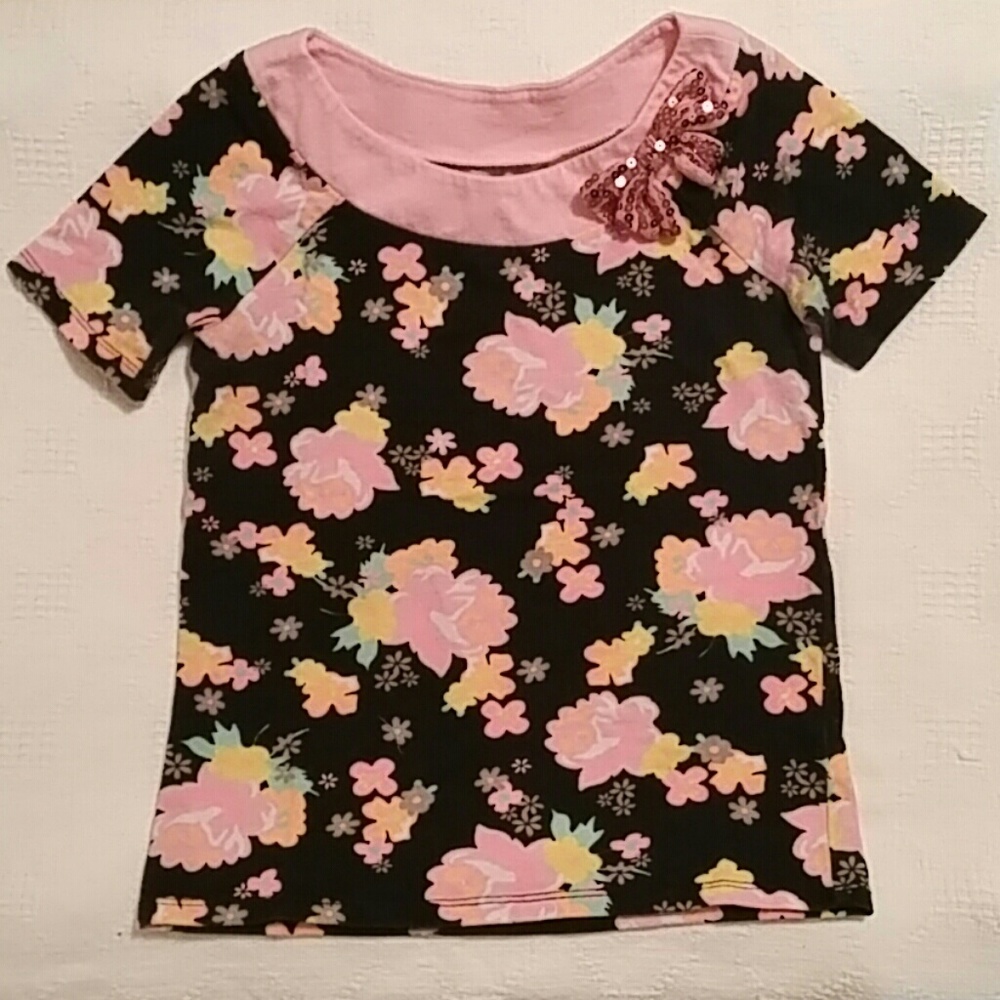 Little Girls Pink Sequin Bow Flower Shirt