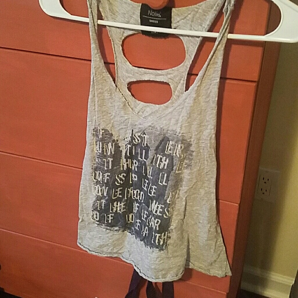 Tattered back- Nollie grey tank with writing