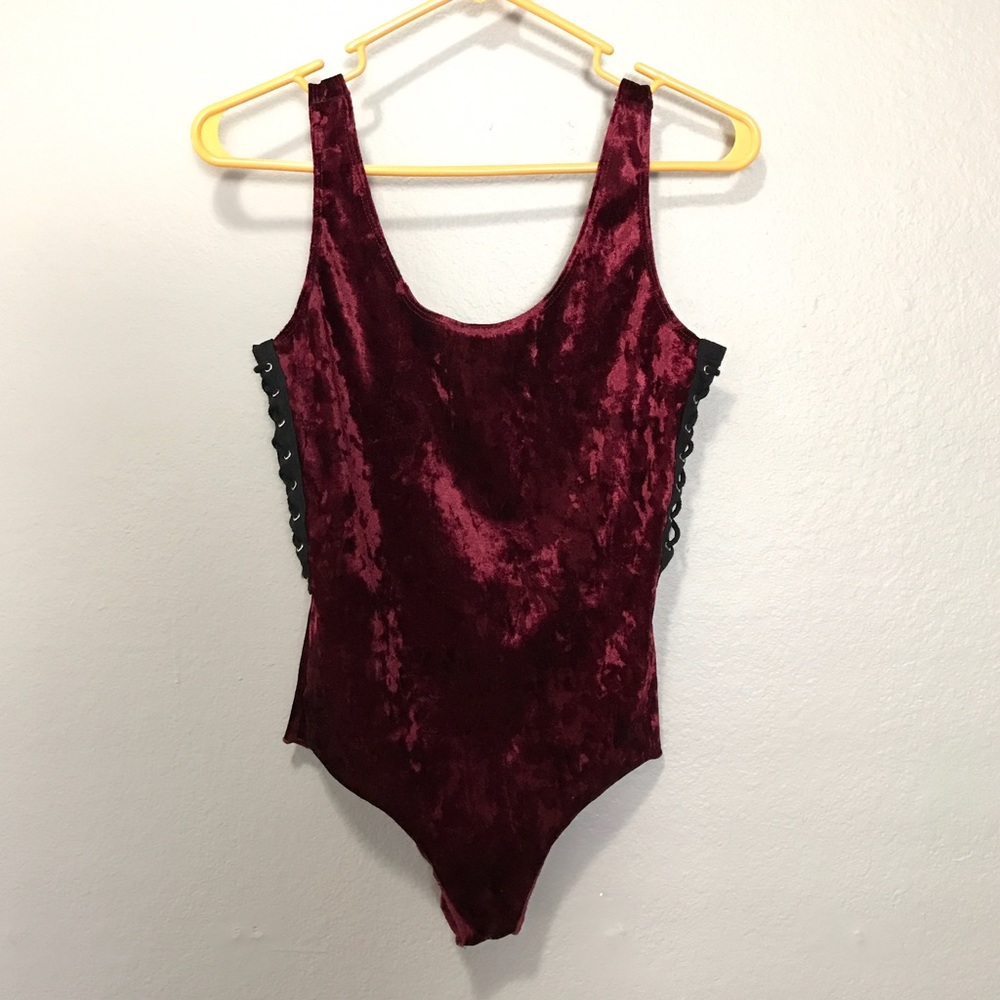 LF maroon suede backless body suit with laces NWT