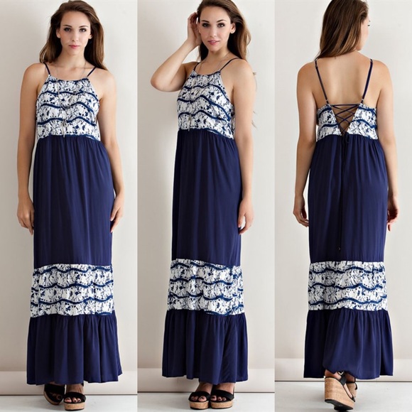 ADELYNE lace up back maxi dress -NAVY - Picture 2 of 5