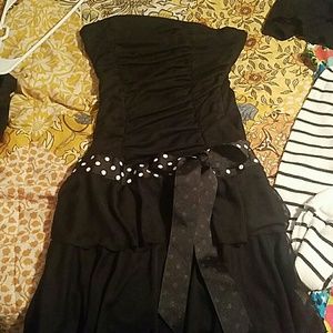 Cute black strapless dress with polka dot belt