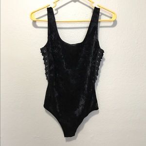 LF black suede backless bodysuit with laces NWT