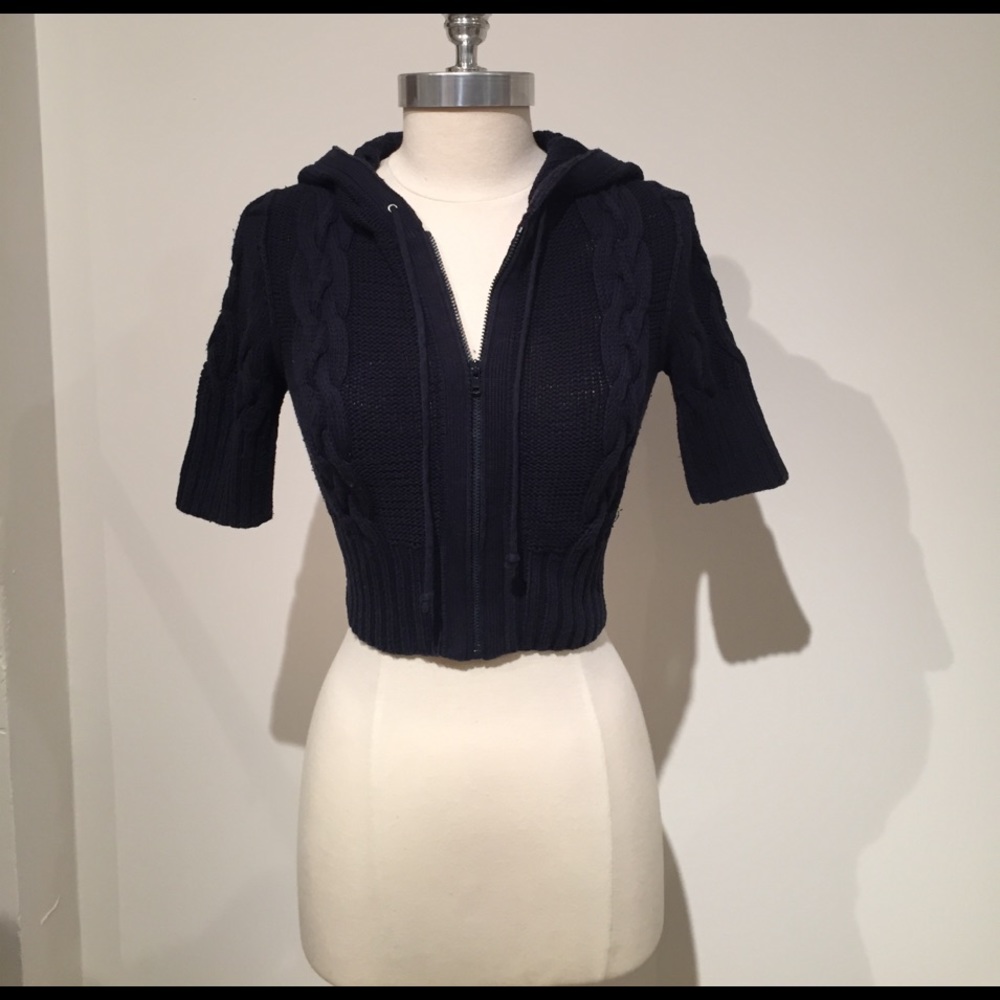 Navy cropped Autumn Cashmere cotton cabled hoodie