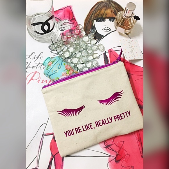 Handbags - Cosmetic bag in natural- fuchsia lettering 🎉HP🎉