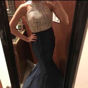 Navy nude mermaid prom dress formal