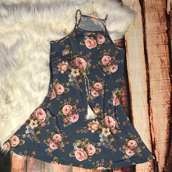 Boutique Dresses & Skirts - << Denim Blue Floral Flouncy Tank Dress >>