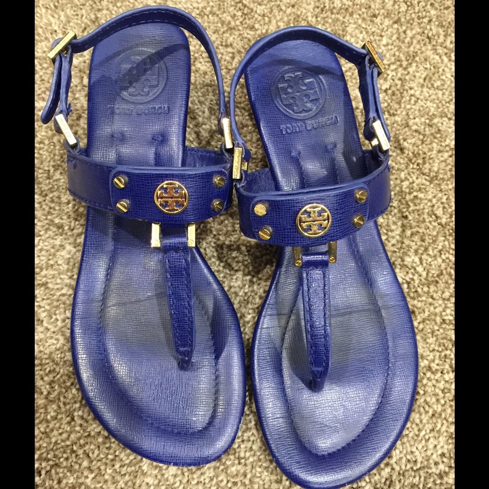 TORY BURCH BLUE LEATHER LOGO SANDALS 🦋 2.5" HEEL
