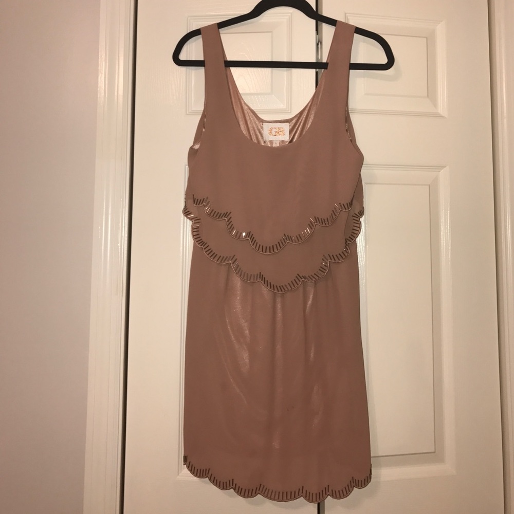 GB Scalloped Tan Dress with Beading