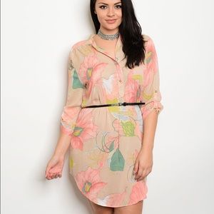 Taupe and Coral Belted Dress