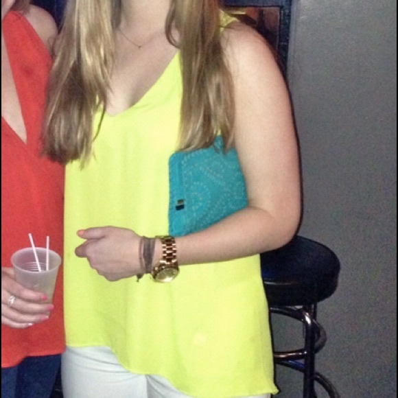 Sabine Tops - Sabine Neon Yellow/ Green Silky V-Neck A-Line Top