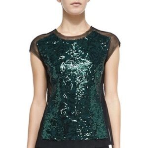 BCBGMaxAzria Peacock Green Sequin Top With Mesh