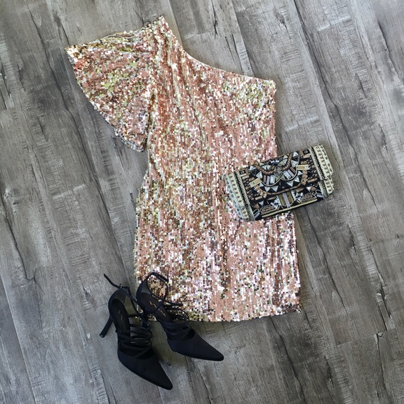 As U Wish Dresses & Skirts - As U Wish Rose Gold Sequin 1 Shoulder Mini dress