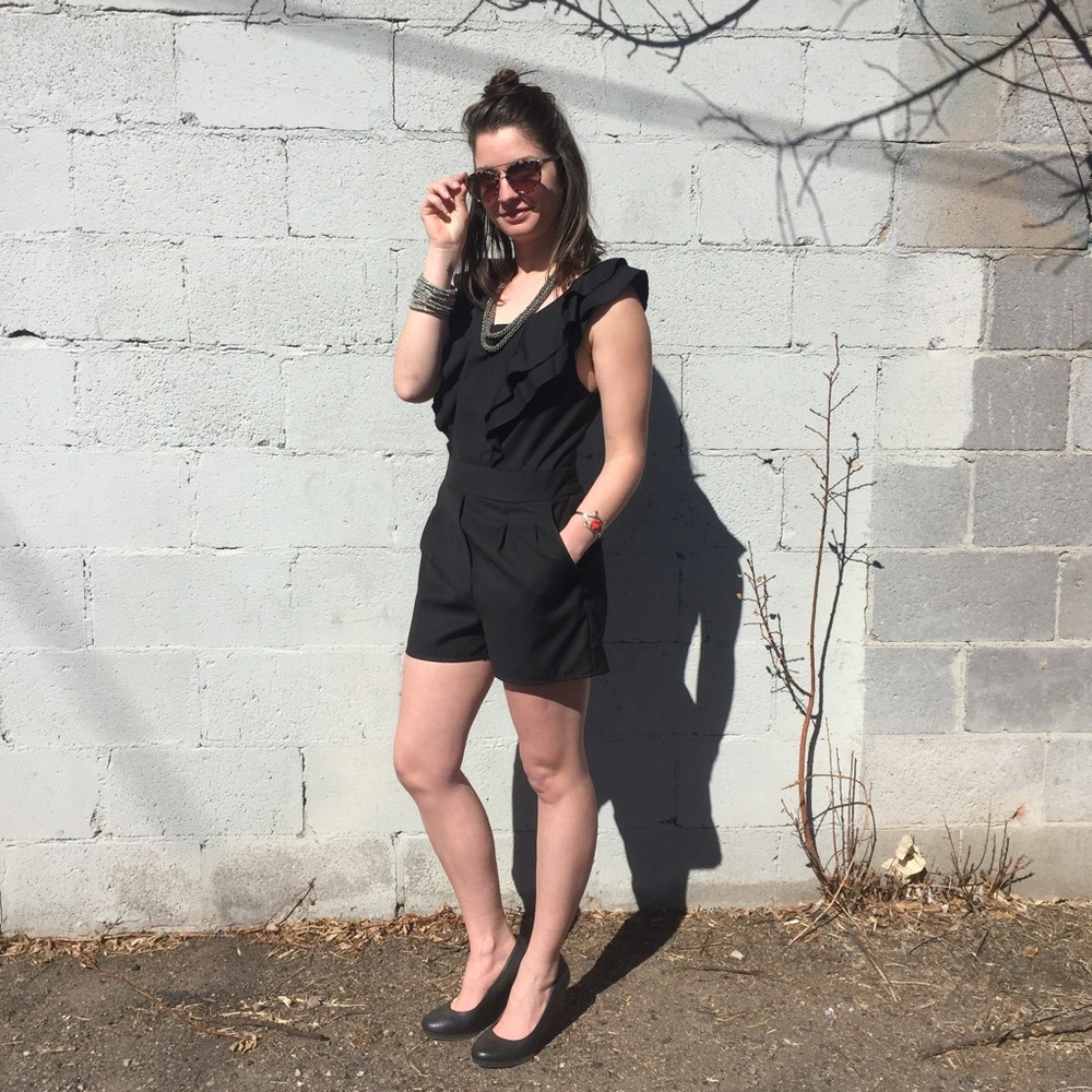 UO Kimchi Blue Tailored Black Ruffle Romper