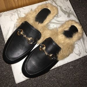 Fur leather mules